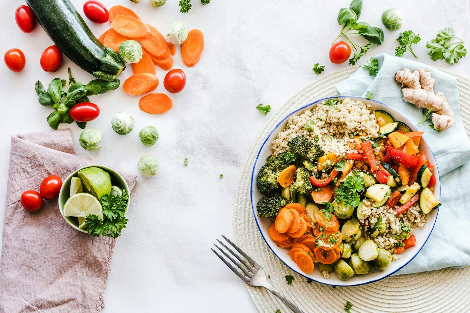 Vegan bowl with roasted vegetables, quinoa, broccoli, and carrots representing plant-based eating in the Philippines
